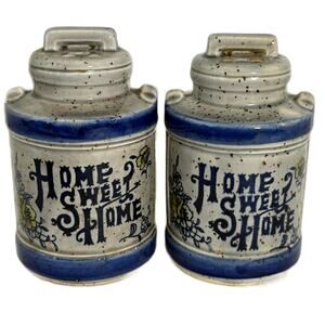 Vintage Home Sweet Home Blue Gray Milk Can Ceramic Salt & Pepper Shakers Japan